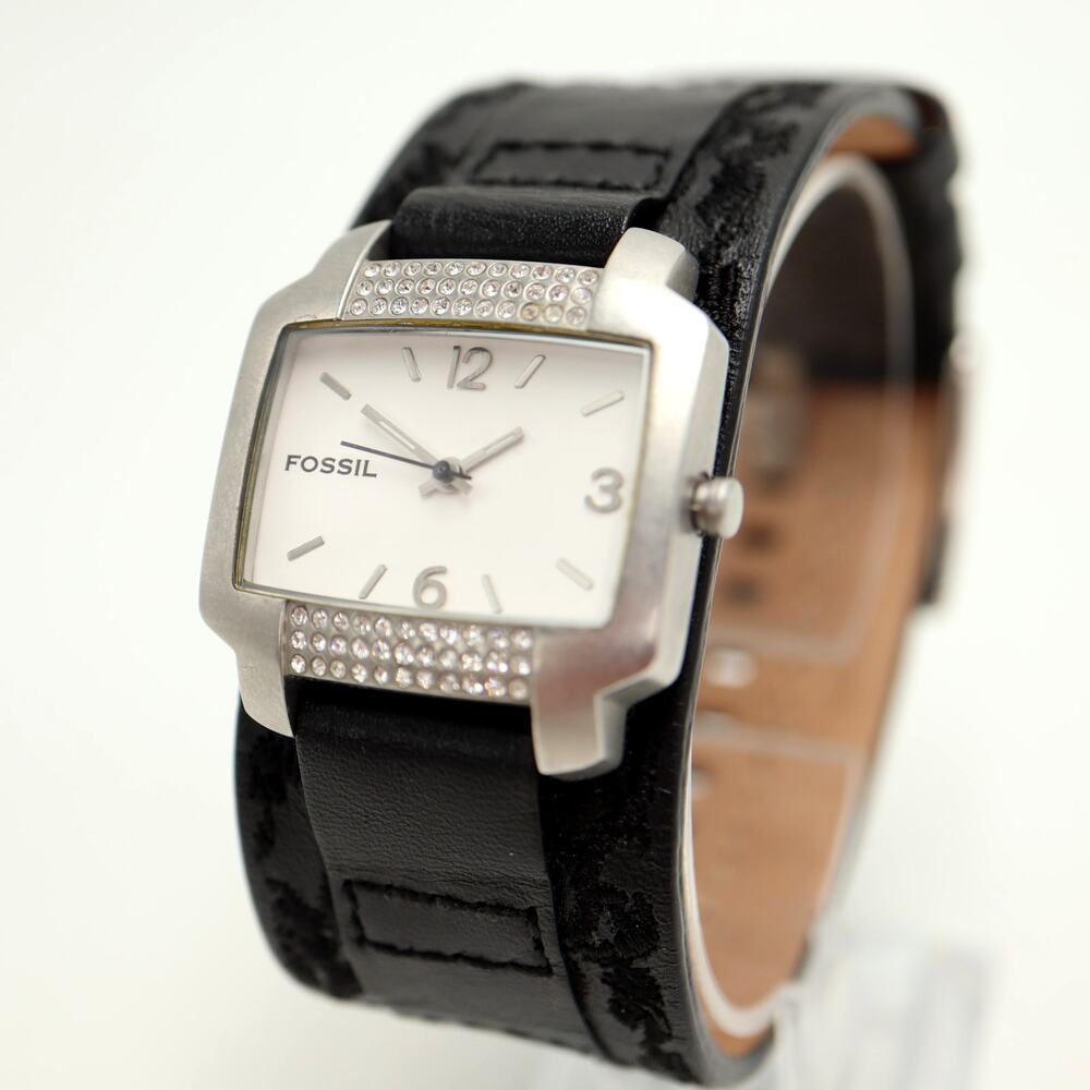 Fossil Glitz Silver Tone 30mm Watch Black Leather Cuff JR9881 with New Battery